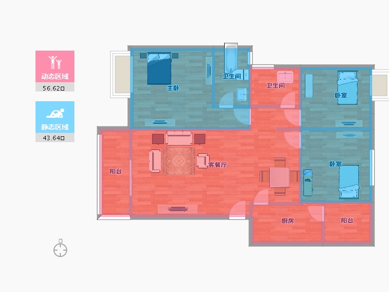 四川省-成都市-富堂金湾8栋C户型107m²-91.54-户型库-动静分区