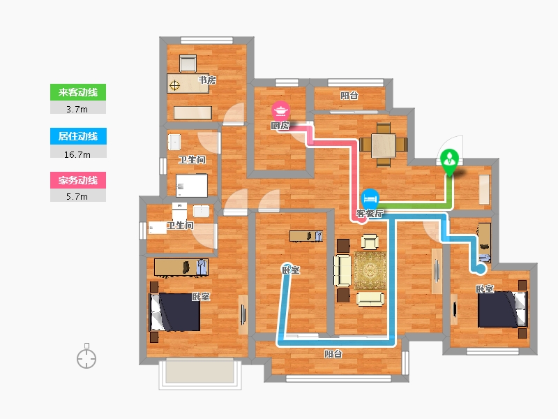 四川省-成都市-新城金樾府邸6,7,12号楼D-1户型139m²-95.77-户型库-动静线