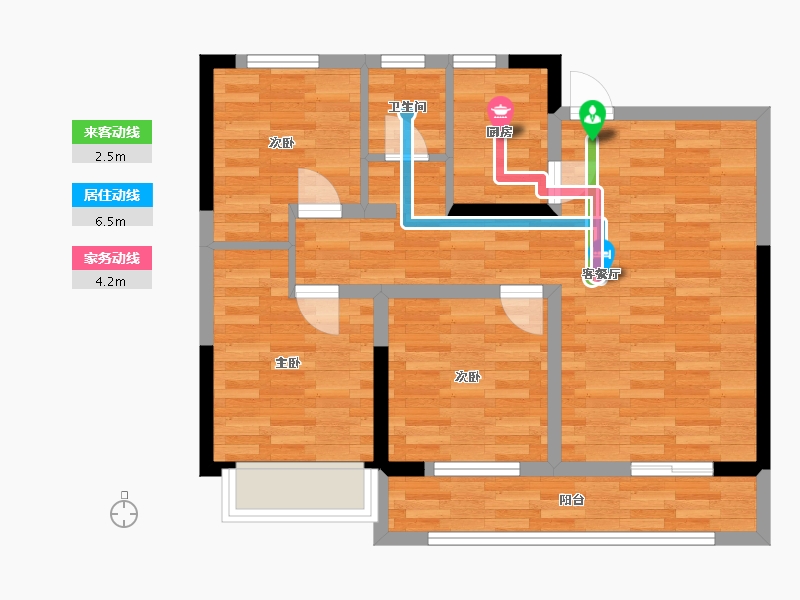 河南省-郑州市-九珑台B户型87.35㎡-69.60-户型库-动静线