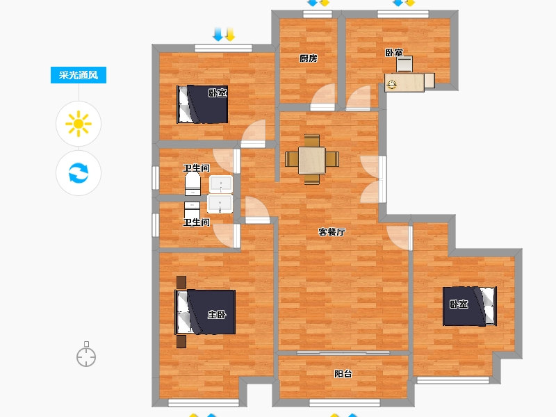 河南省-郑州市-浩创梧桐花语C3户型125m²-100.42-户型库-采光通风