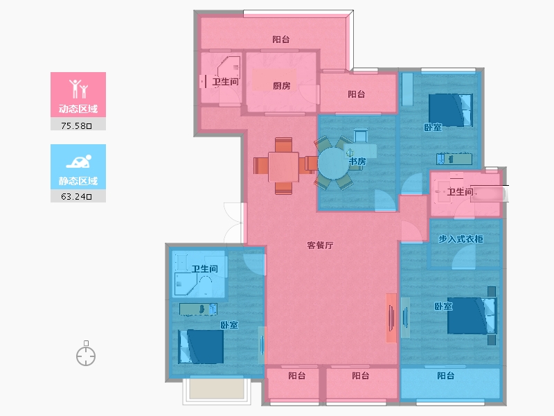 陕西省-西安市-龙记玖玺148㎡-126.14-户型库-动静分区