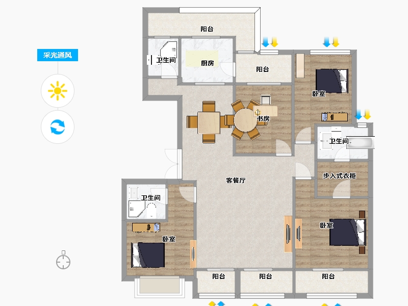 陕西省-西安市-龙记玖玺148㎡-126.14-户型库-采光通风