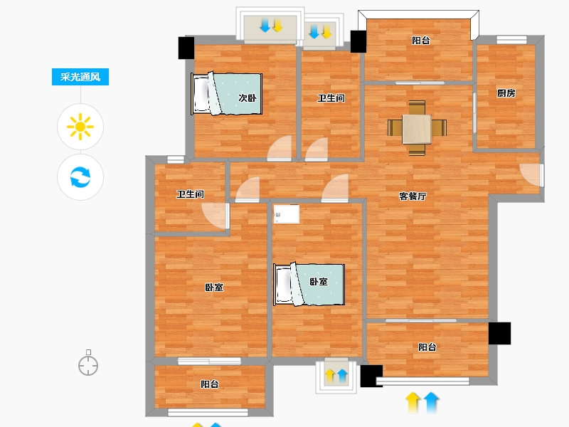 四川省-成都市-成金金语湾E1户型125m²-98.84-户型库-采光通风