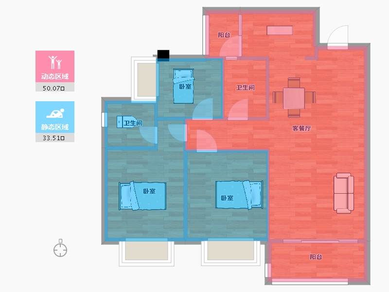 四川省-成都市-中洲天府珑悦1号楼B户型95m²-75.99-户型库-动静分区