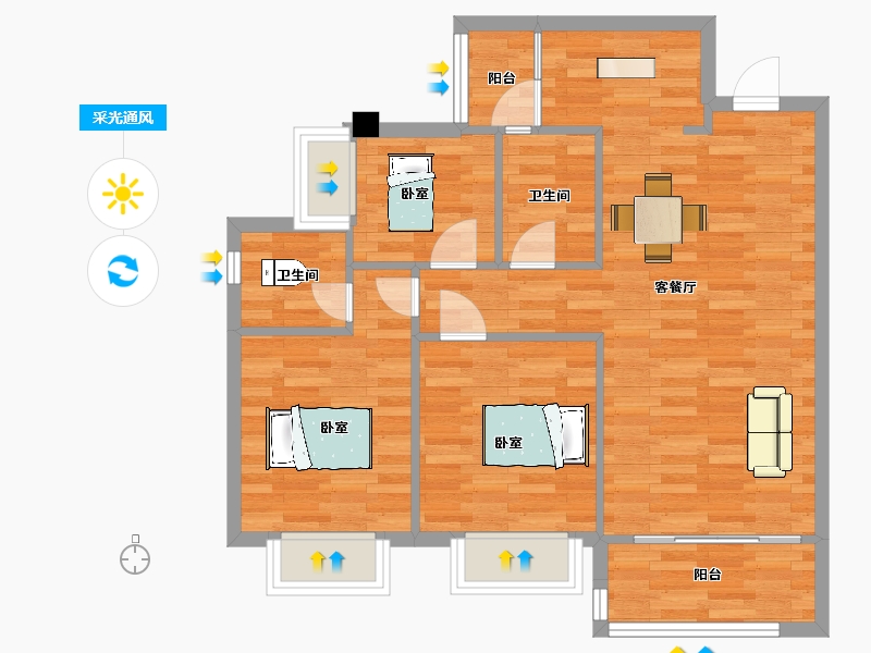 四川省-成都市-中洲天府珑悦1号楼B户型95m²-75.99-户型库-采光通风