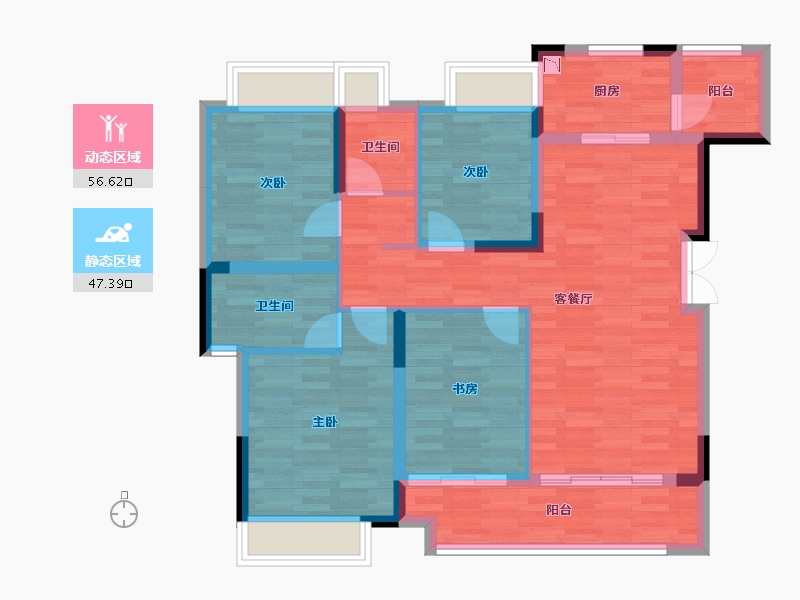 重庆-重庆市-朗基水印三生1-7,1-4,1-5,1-8,3-2,3-6号楼套内98m²-92.67-户型库-动静分区