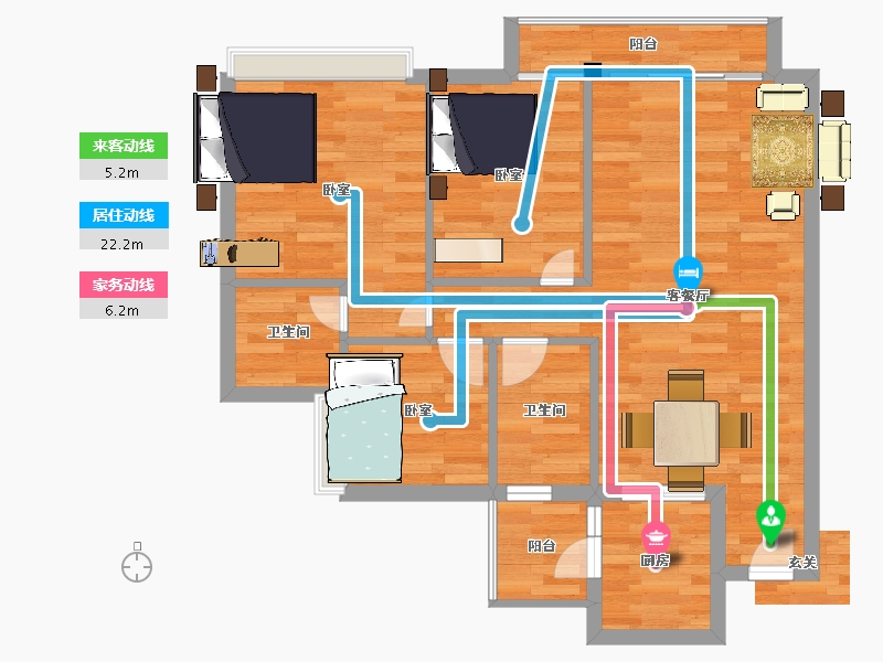 广东省-广州市-嘉骏幸福里建面90m²-70.09-户型库-动静线