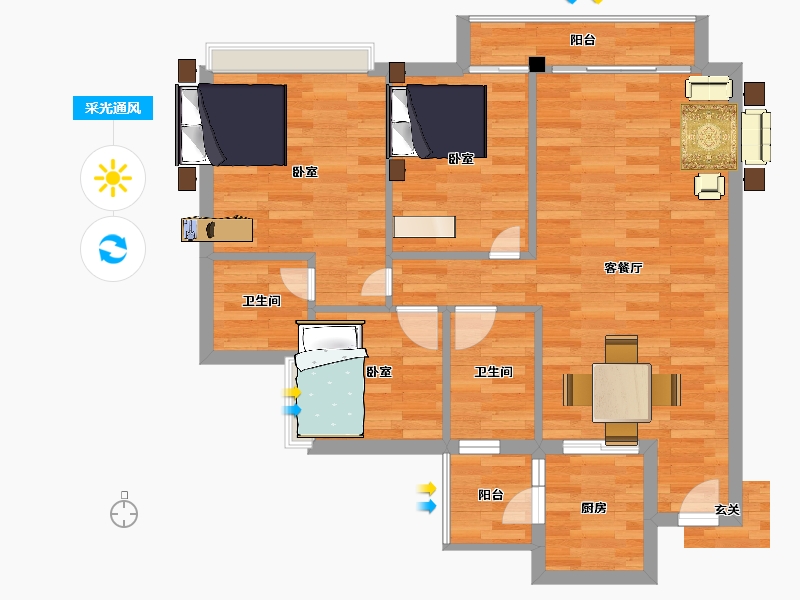 广东省-广州市-嘉骏幸福里建面90m²-70.09-户型库-采光通风