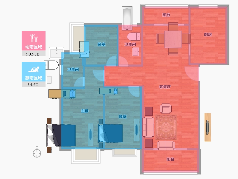 广东省-广州市-仟信广场3栋建面106m²-84.80-户型库-动静分区