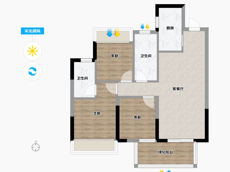 广西壮族自治区-南宁市-金成江南壹品-70.83-户型库-采光通风