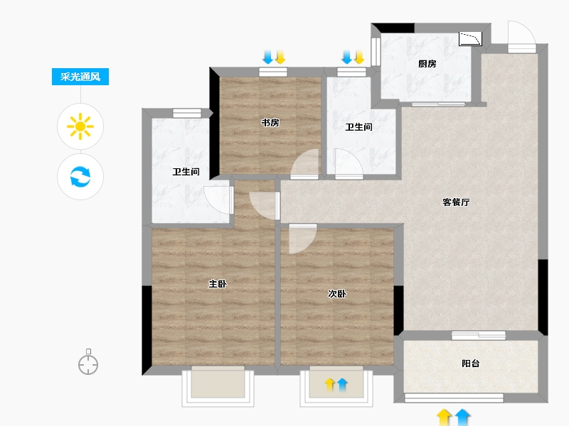 浙江省-金华市-婺江印月-76.80-户型库-采光通风