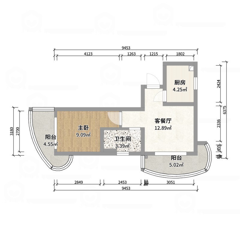 星空设计500一套-中古风一居室-户型图概览