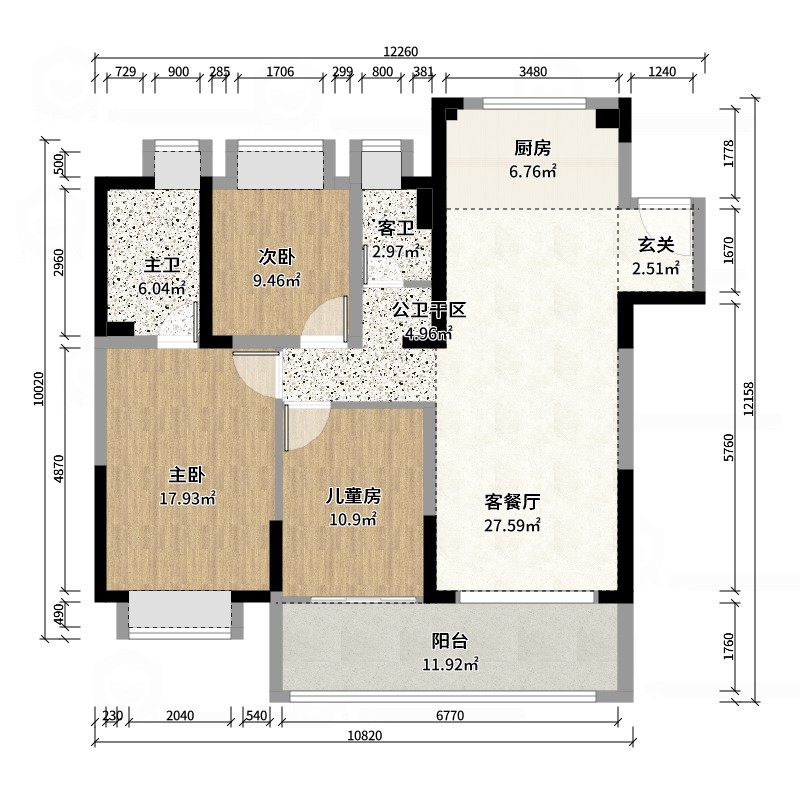 星空设计500一套-混搭122㎡3室-户型图概览