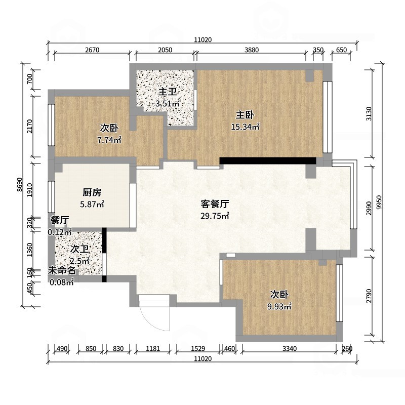 星空设计500一套-现代简约91㎡3室-户型图概览