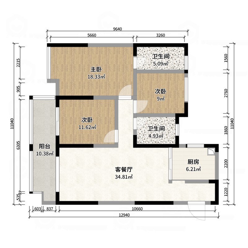 壹诺设计工作室-112㎡3室-原木风 -户型图概览