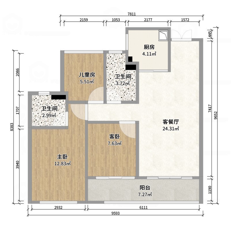 壹诺设计工作室-95㎡3室-原木风 -户型图概览