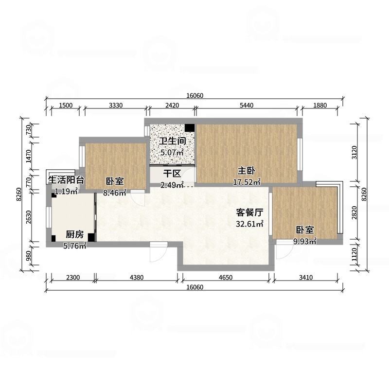 李青越-102方轻法式风格三居室-户型图概览