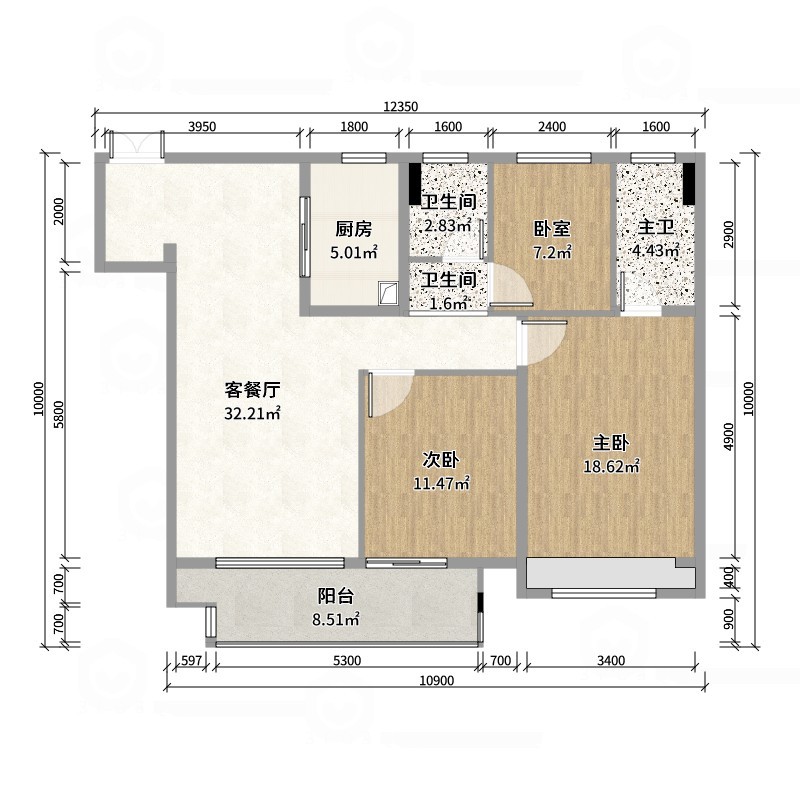 李佳洋-金山花苑107平现代3室-户型图概览