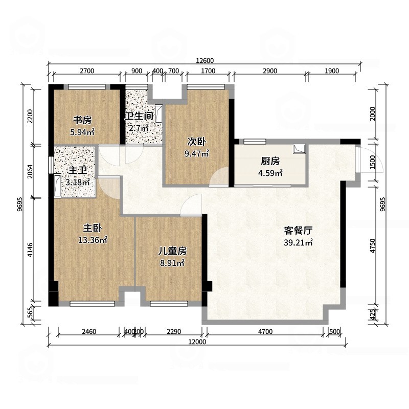 神马云在线-现代复古112平四房-户型图概览