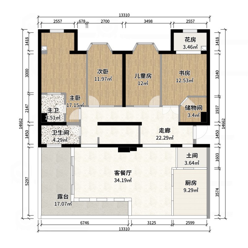 设计师言色-166平米四居室带露台 自然风-户型图概览
