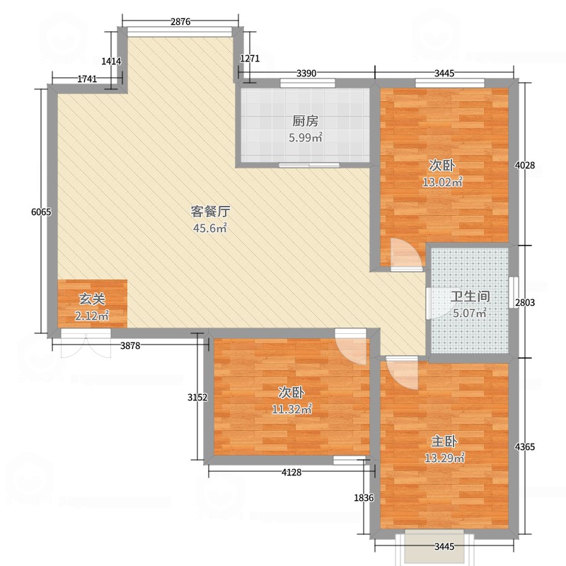 广华新城3室2厅1卫1厨11800㎡户型图