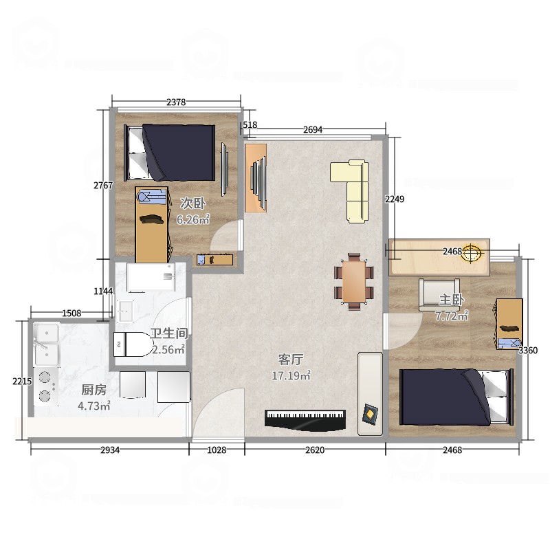 公租房小区2室1厅1卫1厨42.00㎡户型图