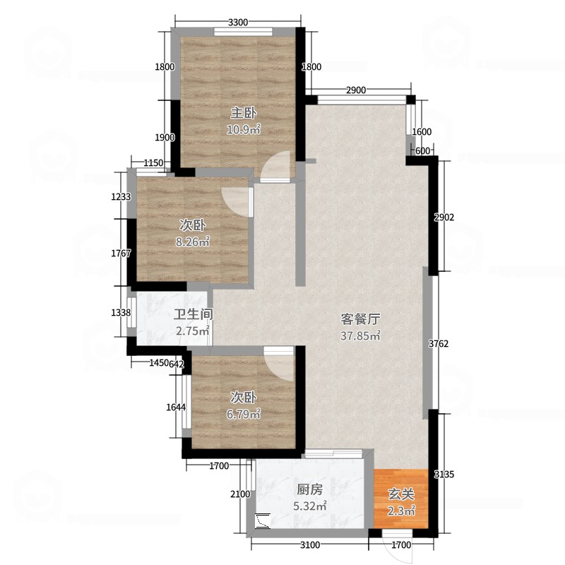 合能铂悦府3室2厅1卫1厨9000㎡户型图