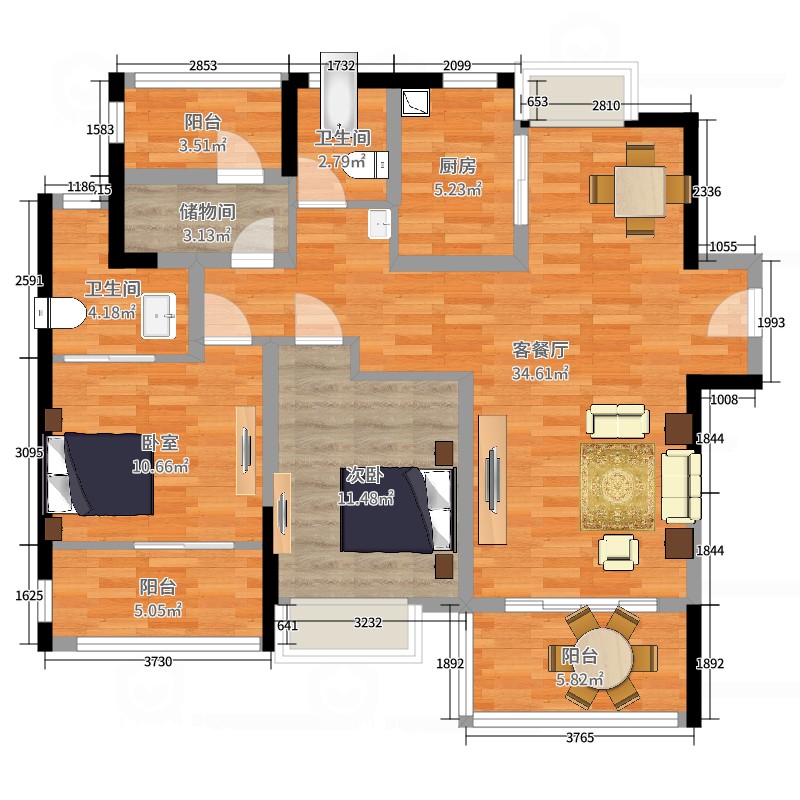 新保弘领东苑b户型110m2室2厅2卫1厨111.00㎡户型图