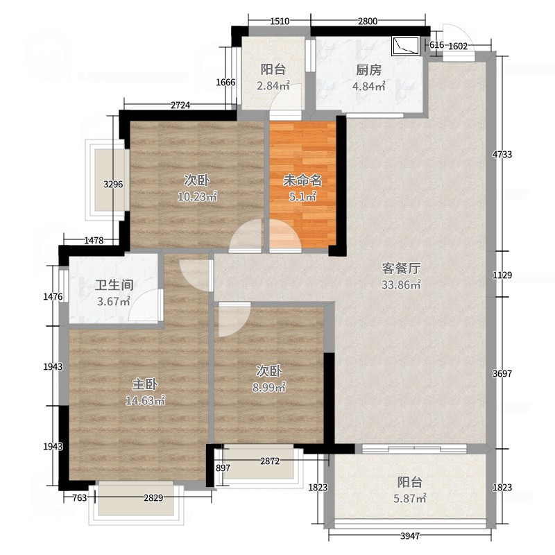 东方巴黎湖岸3室2厅1卫1厨11500㎡户型图